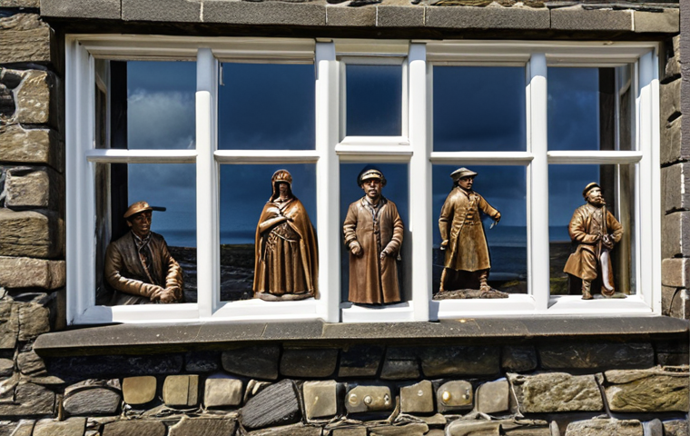 **Prompt:** "Bronze sculptures of historical figures in Douglas, Isle of Man. Depicting scenes of Manx history, creating a window to the past. Public art enhancing cultural identity."