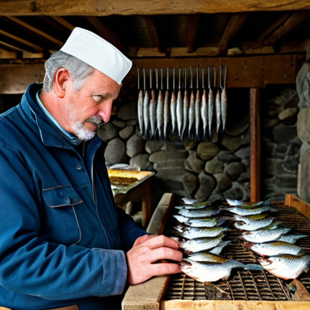 A skilled, mature Manx fisherman, fully clothed in modest, professional workwear, standing in a rustic, well-maintained traditional smokehouse. He is carefully inspecting freshly smoked Manx Kippers hanging from racks. Nearby, a wooden table displays glistening King Scallops and other pristine shellfish on ice, illuminated by natural light from a nearby window offering a glimpse of the rugged Isle of Man coastline. The scene emphasizes traditional craftsmanship and the purity of local produce. Perfect anatomy, correct proportions, natural pose, well-formed hands, proper finger count, natural body proportions, professional photography, high detail, sharp focus, vibrant colors, safe for work, appropriate content, fully clothed, family-friendly.