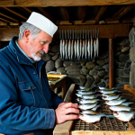 A skilled, mature Manx fisherman, fully clothed in modest, professional workwear, standing in a rustic, well-maintained traditional smokehouse. He is carefully inspecting freshly smoked Manx Kippers hanging from racks. Nearby, a wooden table displays glistening King Scallops and other pristine shellfish on ice, illuminated by natural light from a nearby window offering a glimpse of the rugged Isle of Man coastline. The scene emphasizes traditional craftsmanship and the purity of local produce. Perfect anatomy, correct proportions, natural pose, well-formed hands, proper finger count, natural body proportions, professional photography, high detail, sharp focus, vibrant colors, safe for work, appropriate content, fully clothed, family-friendly.