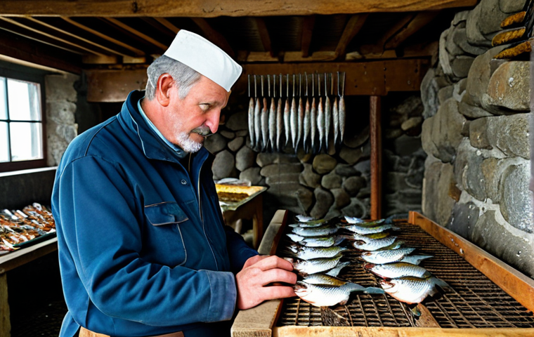 A skilled, mature Manx fisherman, fully clothed in modest, professional workwear, standing in a rustic, well-maintained traditional smokehouse. He is carefully inspecting freshly smoked Manx Kippers hanging from racks. Nearby, a wooden table displays glistening King Scallops and other pristine shellfish on ice, illuminated by natural light from a nearby window offering a glimpse of the rugged Isle of Man coastline. The scene emphasizes traditional craftsmanship and the purity of local produce. Perfect anatomy, correct proportions, natural pose, well-formed hands, proper finger count, natural body proportions, professional photography, high detail, sharp focus, vibrant colors, safe for work, appropriate content, fully clothed, family-friendly.