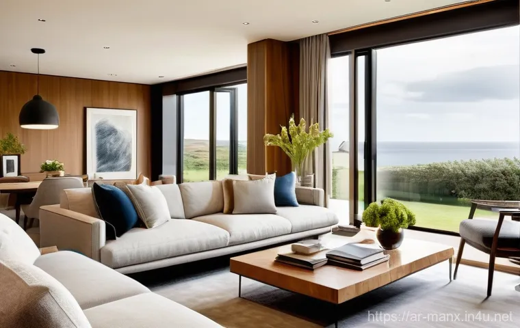 맨섬 부동산 시장 변화 - **Prompt:** "A serene and picturesque coastal landscape of the Isle of Man, featuring a happy, casua...