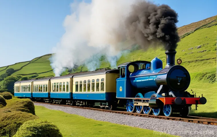 맨섬 철도 관광 - **"An authentic vintage Isle of Man steam train, its powerful engine emitting plumes of white smoke,...